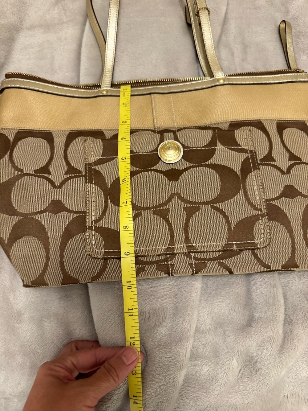 Coach Tan and Brown Signature Logo Tote with Gold Accent
